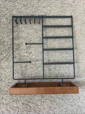 Modern Black Metal & Wood Jewelry Organizer Stand